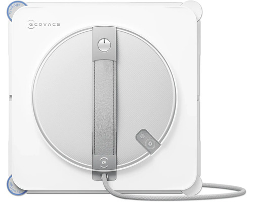 Ecovacs vensterreinigingsrobot met vierkante behuizing en draagbeugel voor efficiënte glasreiniging