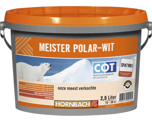 Emmer met Meister Polar-Wit muurverf 2,5 liter van Hornbach voor hoge oppervlaktekwaliteit en spatvrij resultaat.