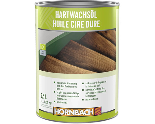 Blik Hornbach hardwaxolie voor gebruik binnenshuis, zijdemat, beschermt en benadrukt de houtnerf, 2,5 liter verpakking.