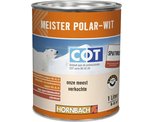 Blik Meister Polar-Wit muurverf 1 liter voor een oppervlakte van 6 tot 8 vierkante meter.