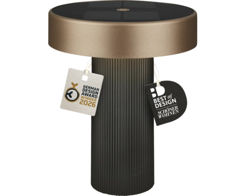 Moderne buitenlamp met zonnepaneel en geribbelde voet inclusief prijzen German Design Award Winner 2026 en Best of Design