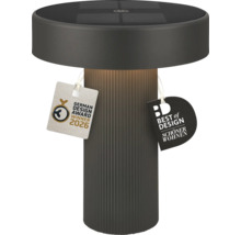 Moderne LED solar tafellamp met geribbelde voet en zonnepaneel aan de bovenzijde, inclusief German Design Award 2026 onderscheiding.