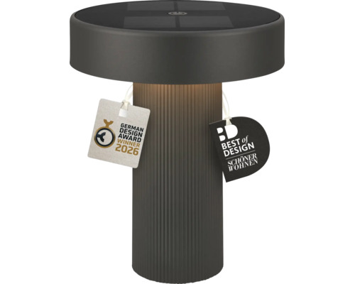 Moderne LED solar tafellamp met geribbelde voet en zonnepaneel aan de bovenzijde, inclusief German Design Award 2026 onderscheiding.