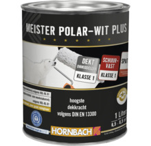 Meister Polar-Wit Plus muurverf in blik van 1 liter met hoge dekkracht en Blauer Engel milieukeurmerk.