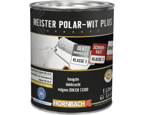 Meister Polar-Wit Plus muurverf in blik van 1 liter met hoge dekkracht en Blauer Engel milieukeurmerk.