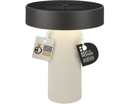 Moderne LED zonnelamp voor op tafel met geribbelde voet en prijzen zoals German Design Award Winner 2026 en Best of Design Schöner Wohnen
