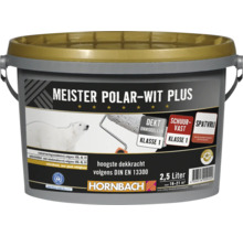 Emmer Meister Polar-Wit Plus muurverf 2,5 liter voor hoge dekkracht met Blauwe Engel certificering en Hornbach logo