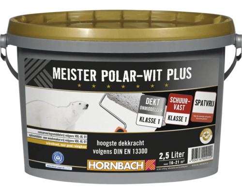 Emmer Meister Polar-Wit Plus muurverf 2,5 liter voor hoge dekkracht met Blauwe Engel certificering en Hornbach logo