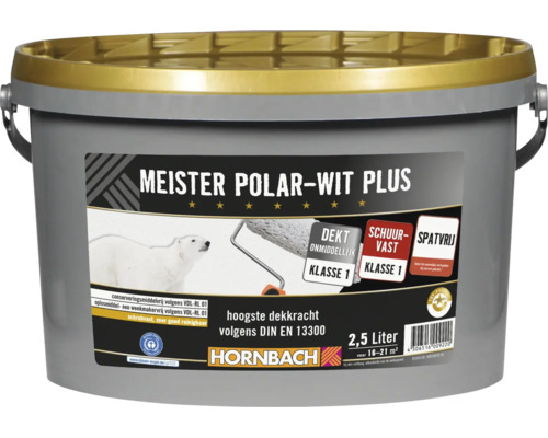 Emmer Meister Polar-Wit Plus muurverf, 2,5 liter verpakking voor binnenmuren met hoge dekking en schrobvastheid klasse 1.