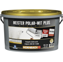 Een emmer Meister Polar-Wit Plus muurverf van Hornbach met 10 liter inhoud voor 65 tot 85 vierkante meter.