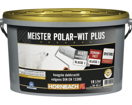 Een emmer Meister Polar-Wit Plus muurverf van Hornbach met 10 liter inhoud voor 65 tot 85 vierkante meter.