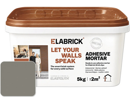 Elabrick lijmmortel voor steenstrips in een emmer van 5 kilogram voor circa 2 vierkante meter oppervlak