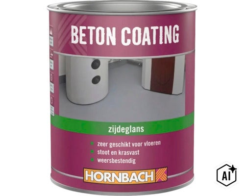 Beton coating in blik met Hornbach logo geschikt voor vloeren stoot en krasvast en weersbestendig. (Image AI modified or generated)