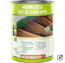 Blik Hornbach hardwaxolie voor houten oppervlakken, 2,5 liter, geschikt voor binnengebruik, waterafstotend en slijtvast. (Image AI modified or generated)