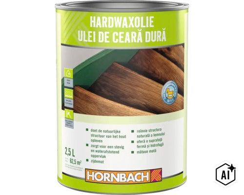 Blik Hornbach hardwaxolie voor houten oppervlakken, 2,5 liter, geschikt voor binnengebruik, waterafstotend en slijtvast. (Image AI modified or generated)