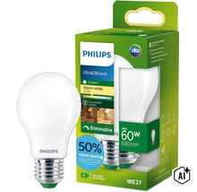 Philips LED lamp E27, 4 Watt vervangt 60 Watt, warmwit, dimbaar, lange levensduur van 50000 uur, energie-efficiëntieklasse A. (Image AI modified or generated)