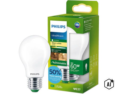 Philips LED lamp E27, 4 Watt vervangt 60 Watt, warmwit, dimbaar, lange levensduur van 50000 uur, energie-efficiëntieklasse A. (Image AI modified or generated)