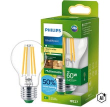 Philips UltraEfficient LED filamentlamp E27, 4 Watt, warmwit 2700 Kelvin, 840 lumen, dimbaar, levensduur 50.000 uur (Image AI modified or generated)