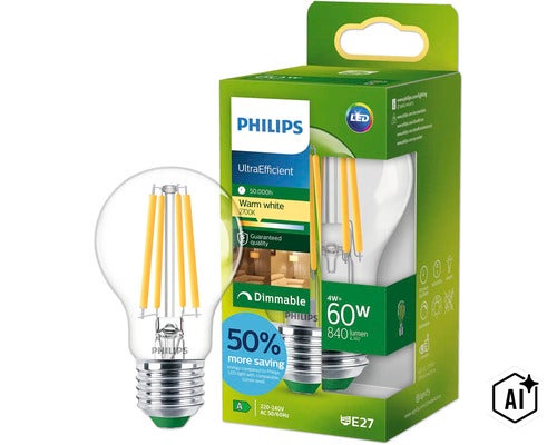 Philips UltraEfficient LED filamentlamp E27, 4 Watt, warmwit 2700 Kelvin, 840 lumen, dimbaar, levensduur 50.000 uur (Image AI modified or generated)