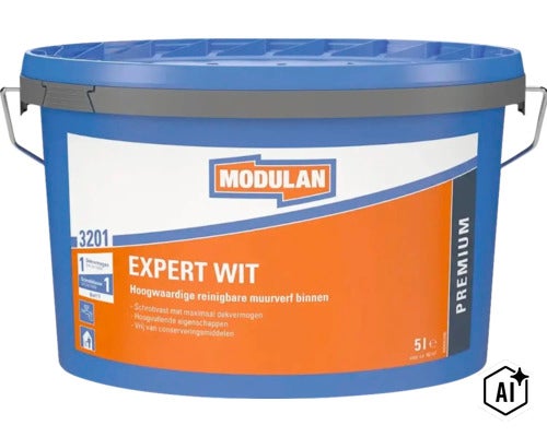 Modulan Premium Expert muurverf voor binnen in een emmer van 5 liter (Image AI modified or generated)