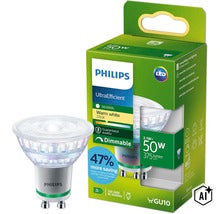 Philips UltraEfficient LED spot GU10 2,1 Watt, warmwit licht 2700 Kelvin, dimbaar, met verpakking (Image AI modified or generated)