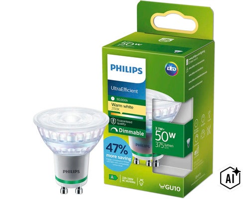 Philips UltraEfficient LED spot GU10 2,1 Watt, warmwit licht 2700 Kelvin, dimbaar, met verpakking (Image AI modified or generated)