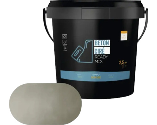 Een emmer Beton Cire Ready Mix met een ovaal voorbeeldstukje in een lichte oppervlakteoptiek.