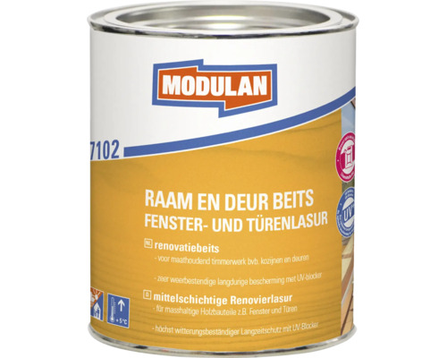 Modulan raam- en deurbeits voor het renoveren van houten kozijnen en deuren met UV-bescherming in een verfblik.