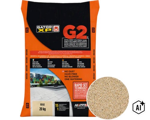 Zak Gator XP G2 polymeervoegzand beige, 20 kilogram, voor straatwerk en natuursteen, stofvrij en sneluithardend. (Image AI modified or generated)