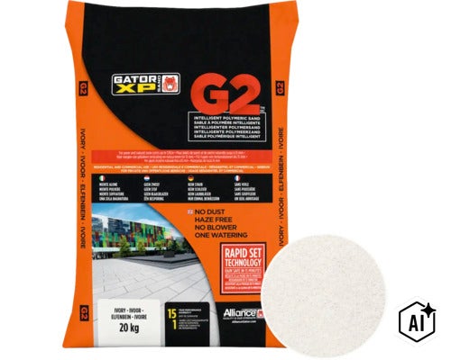 Gator XP G2 intelligent polymeervoegzand voor bestrating en natuursteen in ivoor, 20 kilogram zak. (Image AI modified or generated)