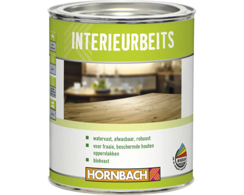 Bus Hornbach interieurbeits voor houten oppervlakken binnenshuis met watervaste en robuuste eigenschappen en Hornbach logo