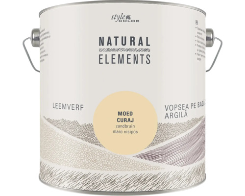 Een blik Style Color Natural Elements leemverf in de kleur Moed Curaj zandbruin, een hoogwaardige muurverf voor een natuurlijk interieur.