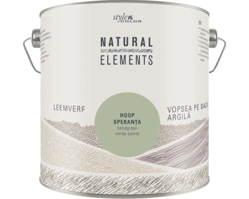 Een blik Style Color Natural Elements leemverf in de kleur saliegroen met handvat.