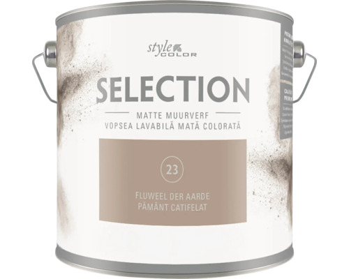 Een blik Style Color Selection matte muurverf in de kleur Fluweel der Aarde, geschikt voor hoogwaardige afwerking van muren.