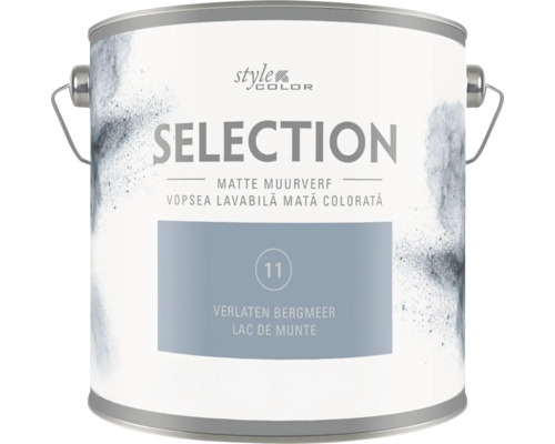 Een blik Style Color Selection matte muurverf in de kleur Verlaten Bergmeer met metalen handvat.