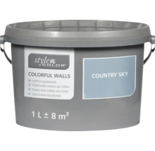 Eén liter Style Color muurverf in een emmer met de kleurnuance Country Sky voor ongeveer acht vierkante meter.