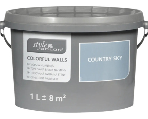 Eén liter Style Color muurverf in een emmer met de kleurnuance Country Sky voor ongeveer acht vierkante meter.