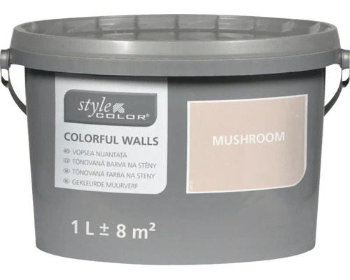 Style Color muurverf Colorful Walls Mushroom in verpakking van 1 liter voor circa 8 vierkante meter.