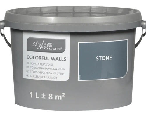Een liter muurverf Colorful Walls van Style Color in de kleur Stone in een emmer.