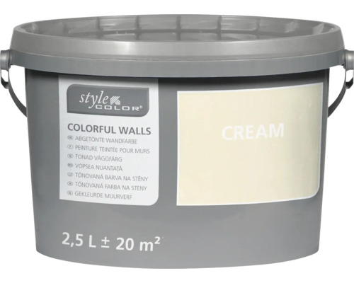 Emmer StyleColor muurverf in de kleur crème voor een bereik van circa 20 vierkante meter bij een inhoud van 2,5 liter.