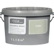 Een liter Style Color muurverf in de kleur khaki in een kunststof emmer voor circa acht vierkante meter oppervlak.