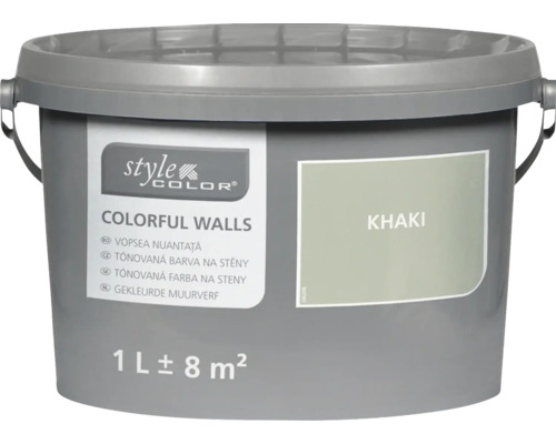 Een liter Style Color muurverf in de kleur khaki in een kunststof emmer voor circa acht vierkante meter oppervlak.