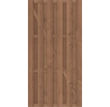 Houten tuinpoort van verticaal geplaatste houten planken met een diagonale schoor voor extra stabiliteit.
