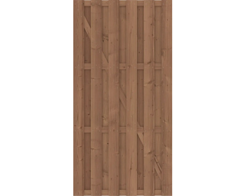 Houten tuinpoort van verticaal geplaatste houten planken met een diagonale schoor voor extra stabiliteit.