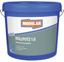 Modulan Rollputz 1.0 dispersie-decorpleister in emmer met 1,0 millimeter korrel voor wandafwerking.