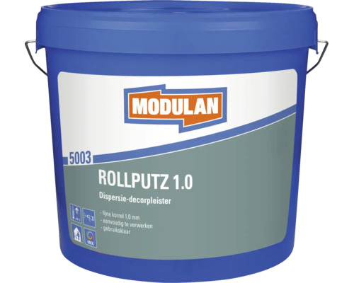 Modulan Rollputz 1.0 dispersie-decorpleister in emmer met 1,0 millimeter korrel voor wandafwerking.