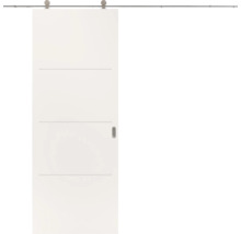 Witte schuifdeur met drie horizontale groeven en metalen schuifdeursysteem.