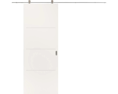 Witte schuifdeur met drie horizontale groeven en metalen schuifdeursysteem.