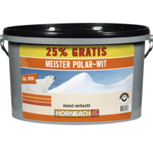 Emmer muurverf Meister Polar-Wit met 25 procent gratis inhoud in RAL 9010 en Hornbach logo