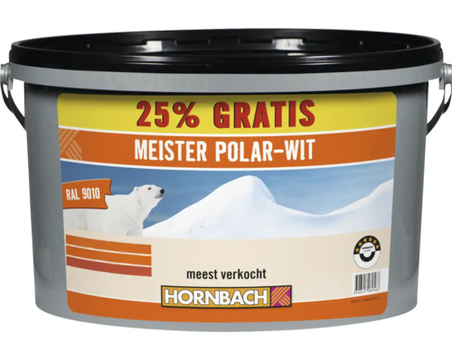 Emmer muurverf Meister Polar-Wit met 25 procent gratis inhoud in RAL 9010 en Hornbach logo